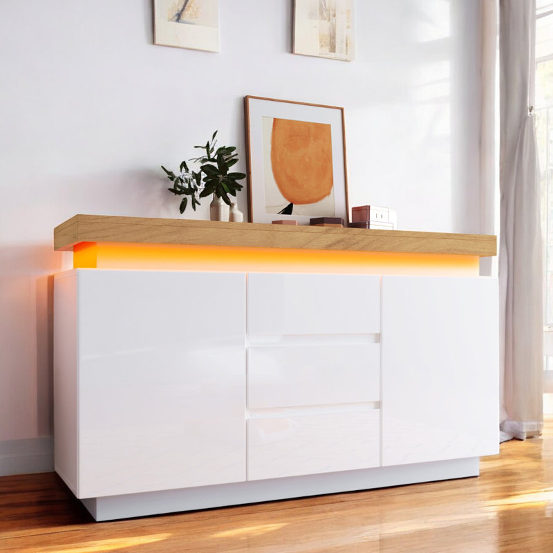 White High-Gloss Sideboard With 2 Doors And 3 Drawers,Storage With RGB LED(App-Controlled) Multi-Purpose Cabinet