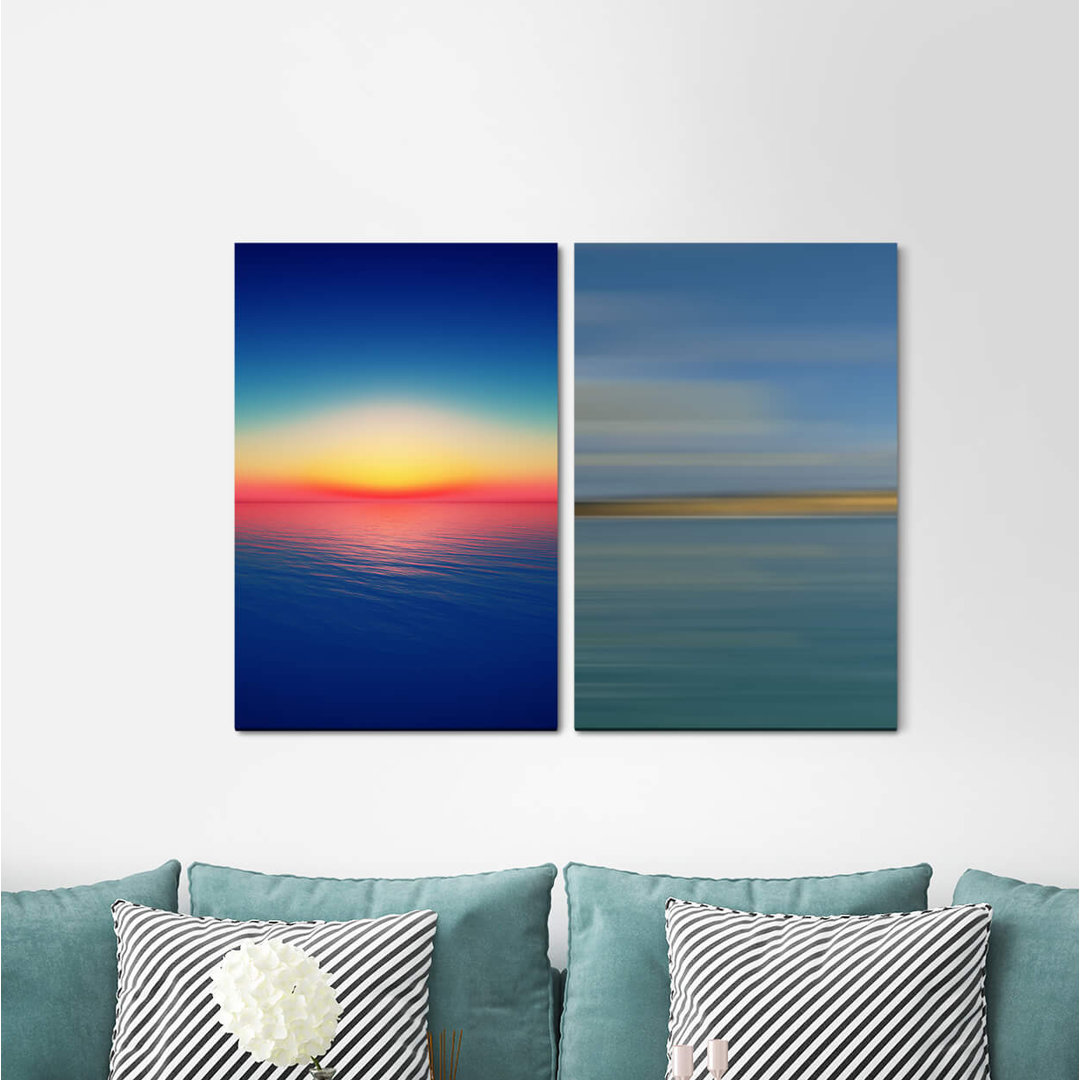 2-tlg. Leinwandbilder-Set - Grafikdruck „Sea Sky Horizon Sunset Minimal Dusk Blue”