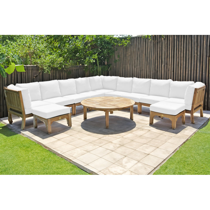 Ensemble de conversation modulaire en teck Huntington avec coussins Sunbrella, Sunbrella® blanc, 12 pièces, 2 repose-pieds