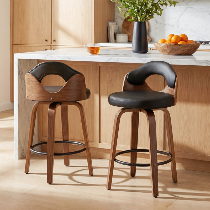 Leona Wooden Faux Leather Stools, Counter Stool (25.2” Seat Height), Black