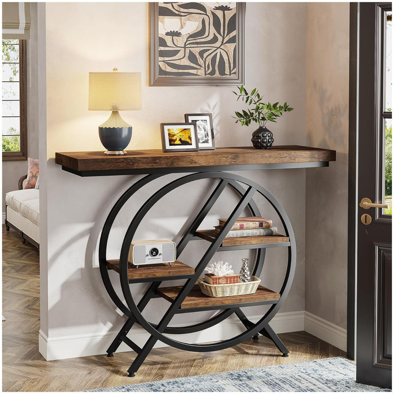 Console de vestibule industrielle 39,4 po à 4 niveaux avec structure en métal à cercle géométrique et tablettes de rangement - Canapé d'appoint brun rustique pour le salon et le couloir