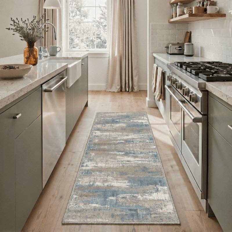Modern Abstract Machine Washable Blue/Beige/Brown Indoor Area Rug with Non-Slip Backing, Runner 2' x 6'