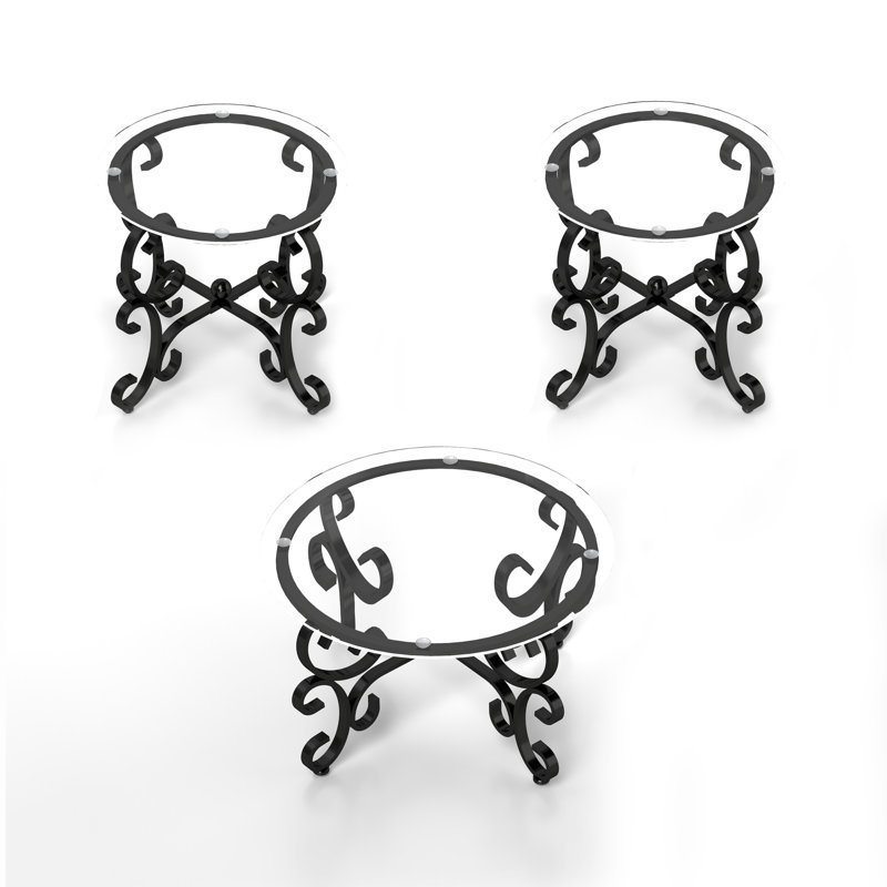 ensemble de tables basses de trois pièces avec surface en verre trempé, tables de bout et de bout rondes, design noir rustique pour le salon