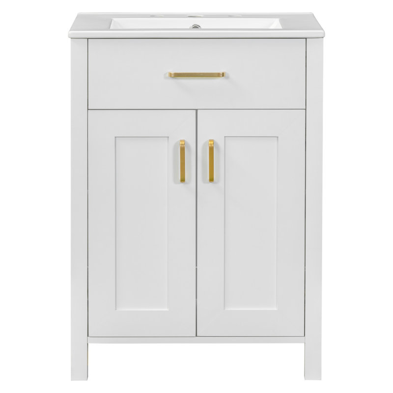 Meuble-lavabo 24 po avec lavabo en céramique - chic et fonctionnel. L 24,2 po x P 18,5 po x H 34 po. Structure en bois massif, panneaux. Poignées dorées. 2 portes à fermeture en douceur. Rangement abondant. Design moderne et élégant. Évier