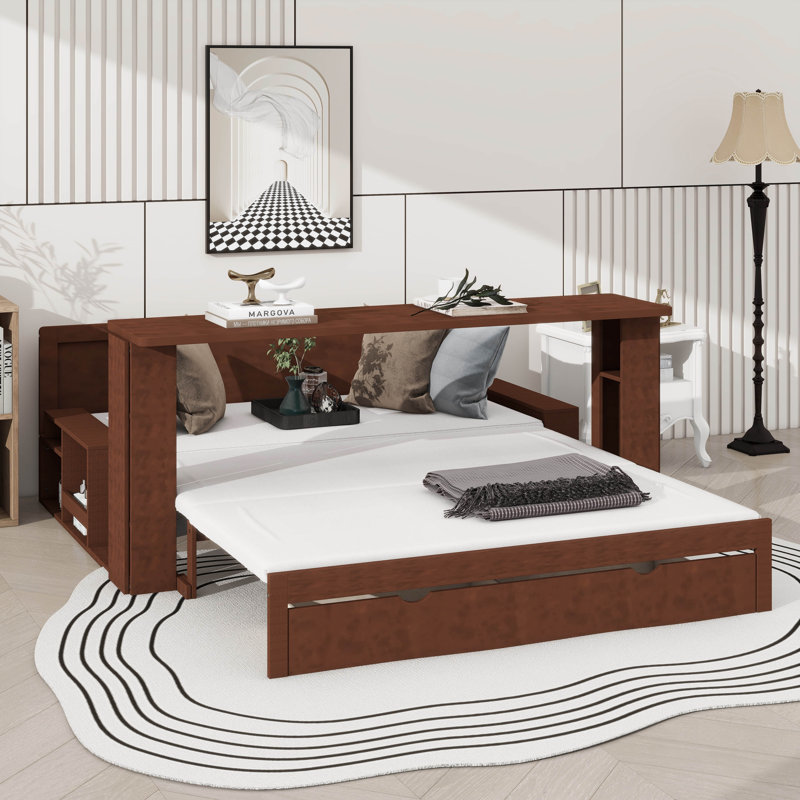 Grand lit de jour avec bureau amovible - Comprend des tiroirs de rangement et une table d'appoint hydraulique, Grand lit