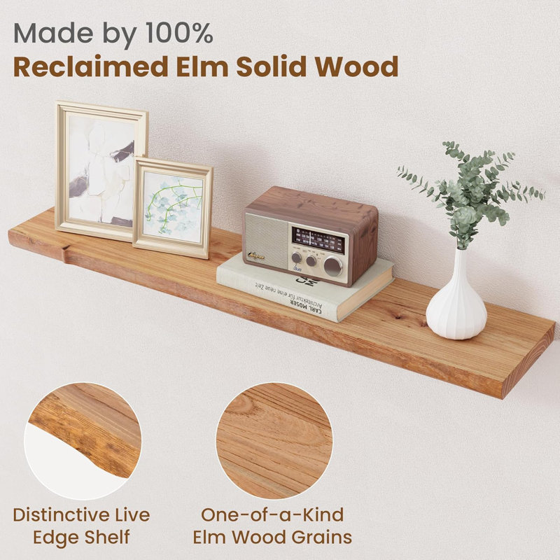 Millwood Pines Floating Shelves for Wall Decor, Rustic Solid Elm Wood Floating Shelves Wall Mounted, Wall Shelves with Invisible Bracket for Living Room Bathroom Bedroom Kitchen, Set of 2