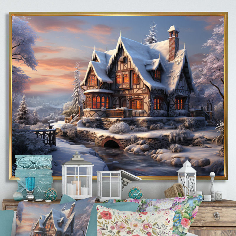 Winter Snowy Cottage III, reproduction d'art sur toile, 24" H x 32" W, Cadre flottant doré