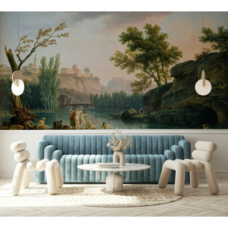 Papier peint néoclassique avec paysage de rivière, antiques baigneurs, paysage italien, L 140 po x L 108 po