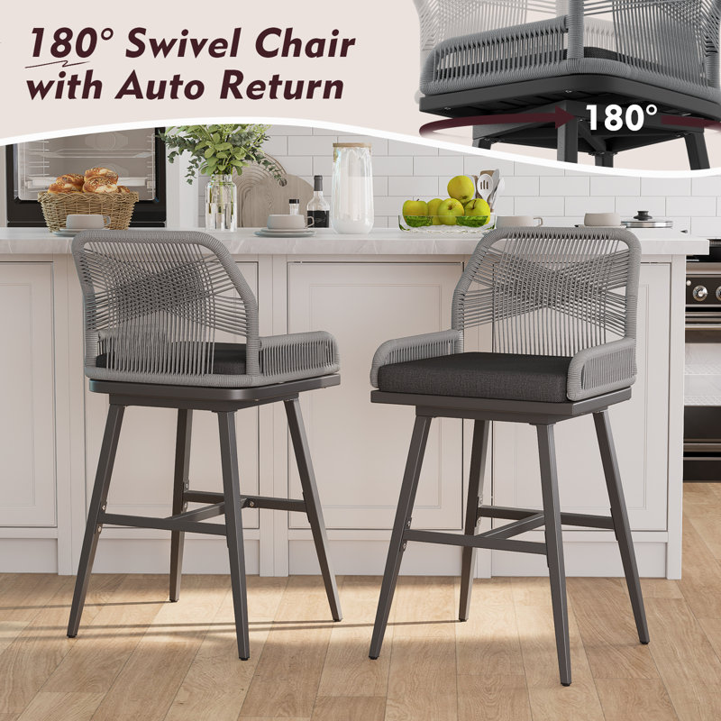 Bar Stools Set Of 2, Rattan Counter Height Bar Stools, 26" H Swivel Patio Barstools With Boho Woven Rope Back For Kitchen Patio Garden Cushions Included,