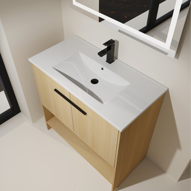 Meuble-lavabo autoportant de 36 po avec lavabo en céramique, base en contreplaqué, 2 portes à fermeture douce, meuble-lavabo de conception moderne, lavabo inclus, corps, facile