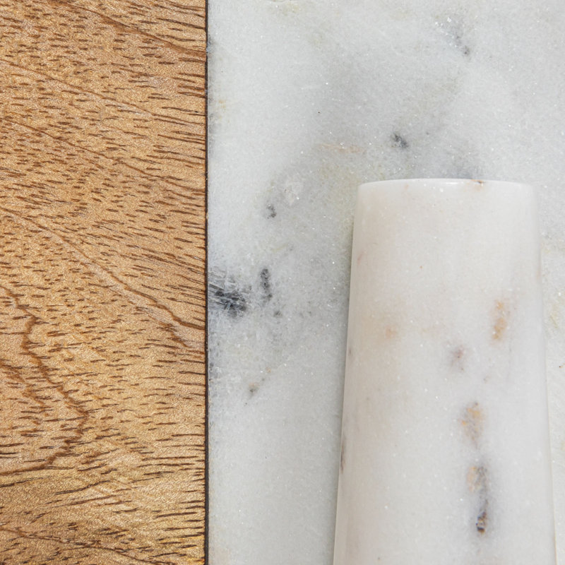 Bois de manguier, fromage marbré et planche à découper avec pilon marbré incrusté