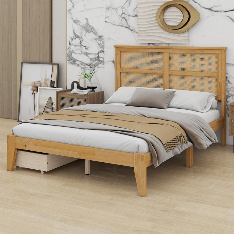 Lit moderne en bois avec tête de lit et tiroirs en rotin, Chêne blanc