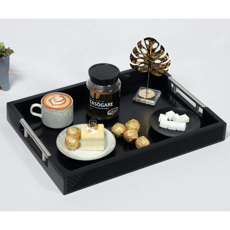 16.5''X12''rectangular Coffee Table Tray With Polished Handle, Modern Decorative Tray, Black