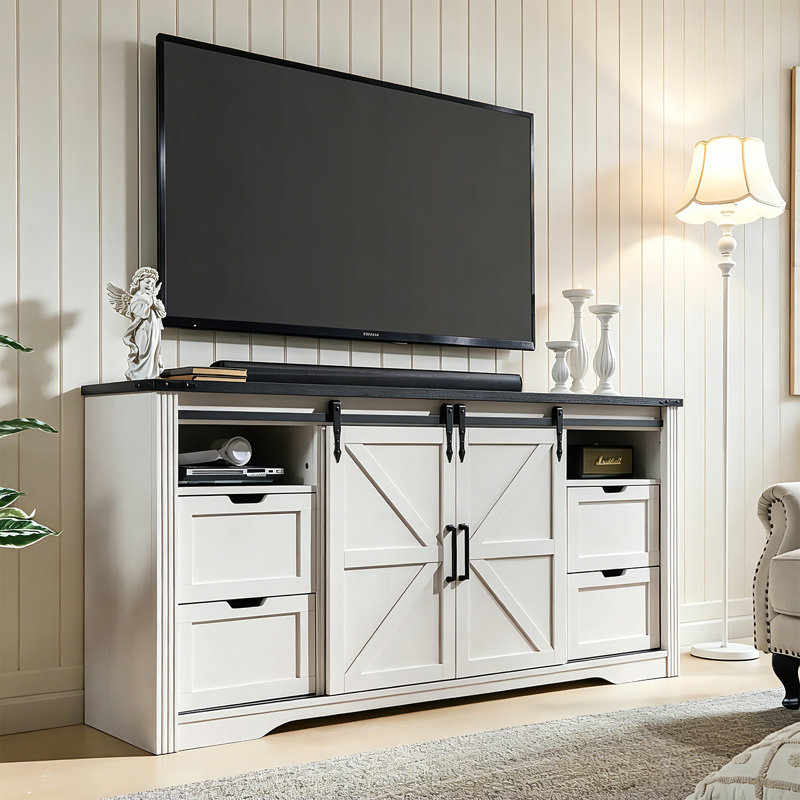 Meuble télé 66 po pour téléviseur de 75 po ou moins avec 2 portes et tiroirs coulissants, Blanc / Blanc