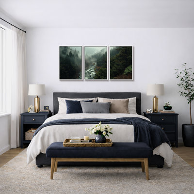 "Misty Forest Landscape", "Hazy Moody Dark Green River Nature", Tranquil Panoramic Modern Rustic Woodland Wall Art