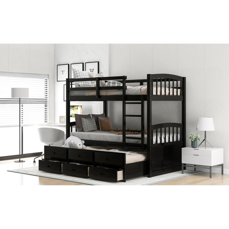 Lit simple superposé au dessus d'un lit avec tiroirs - Décoration de chambre fonctionnelle avec lit gigogne et rangement arqué