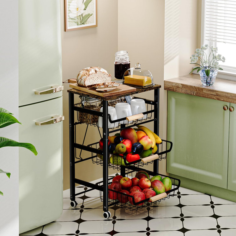 Fruit Basket for Kitchen, 4-5Tier Slide Out Metal Storage Baskets Carts Organizers Drawers with Wood Top and Handle with Rolling Wheels for Snacks Vegetables