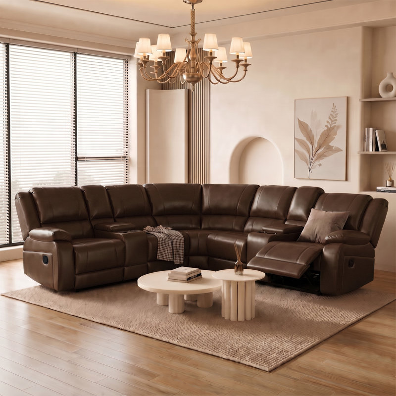 Wynyard 109" Wide Faux Leather Reversible Reclining Sectional Sofa, Dark Brown Faux Leather