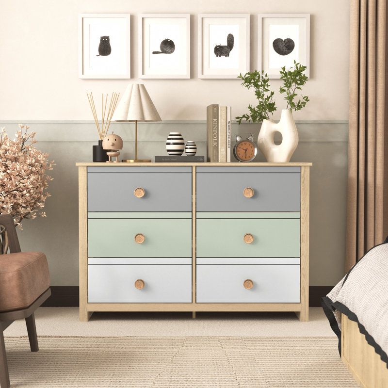 Bustillo 46.1'' W kids 6 -Drawer Dresser, Oslo Oak/Cool Grey/White/Light Green