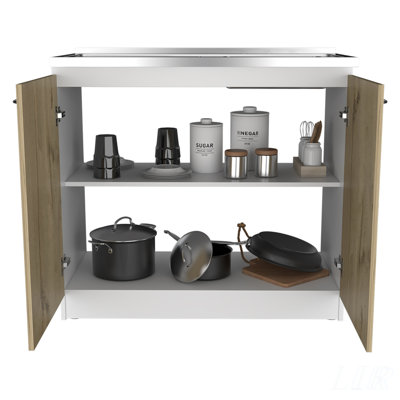 Utility Sink Vernal, Durable Kitchen Base Cabinet with Spacious Storage and Easy Assembly, White / Light Oak Finish