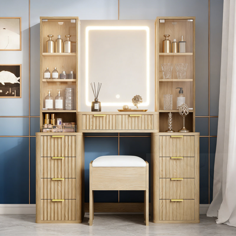 Meuble-lavabo à miroir à 10 tiroirs avec miroir DEL cannelé avec tabouret et station de charge, Naturel