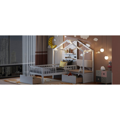 Lit simple avec canapé-lit, lit maison avec station de charge, recharge sans fil, tablettes et deux tiroirs, blanc