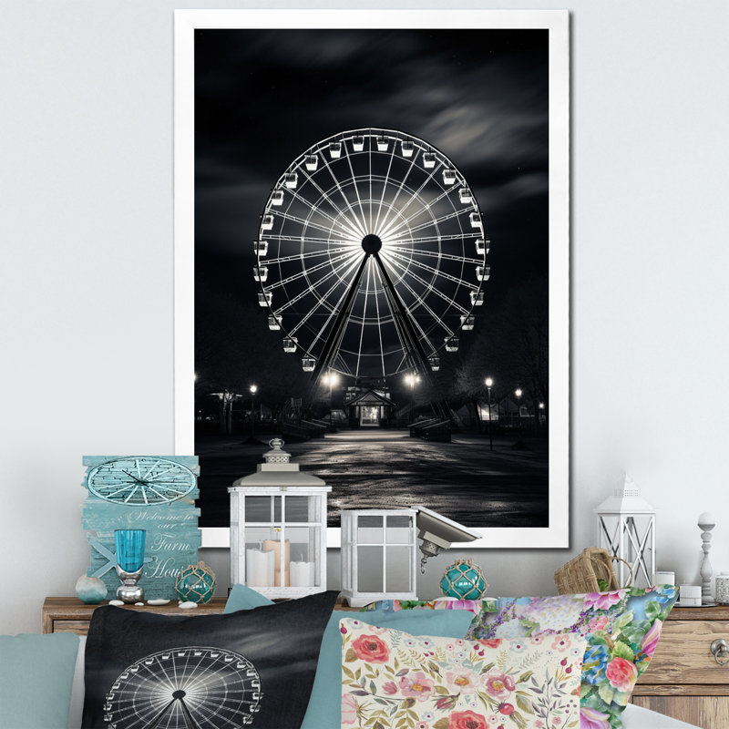 «Black Ferris Wheel Midnight Carousel I - Cityscapes», art mural sur toile, H 20 po x l 12 po x P 1 po, Cadre photo blanc