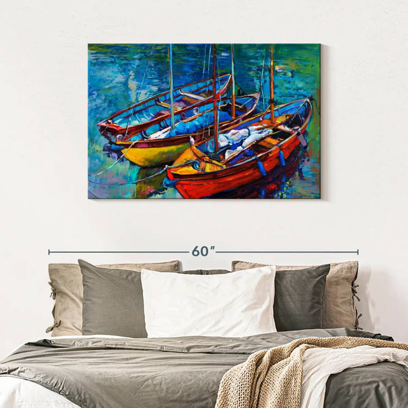 Trois bateaux amarrés, H 30 po x l 45 po x P 1,25 po