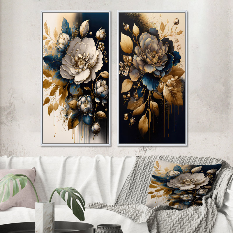 «Black and Gold Camellia Bouquet I», 2 pièces sur toile, Cadre blanc, H 20 po x l 24 po