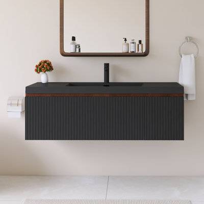 48'' Wall Mounted Single Bathroom Vanity With Black Quartz Sand Basin