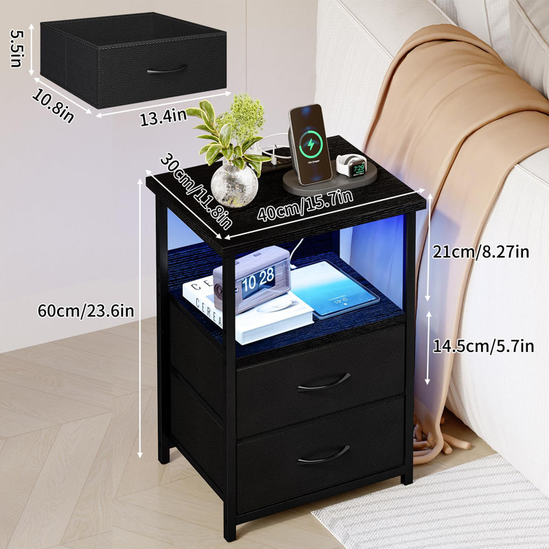 Bedside Table With Charging Station With USB Ports And Sockets With PU Finish, Black