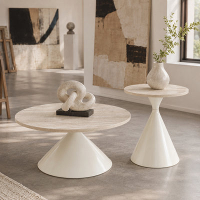 Ensemble de 2 tables basses rondes, plateau de table en travertin avec base en acier, table basse multifonctionnelle (blanc)