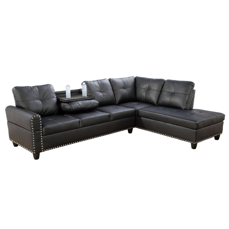 Naranja 2 - Piece 97" Vegan Leather Sectional With Drop down Table and Cupholders, Black Faux Leather, Right Hand Facing