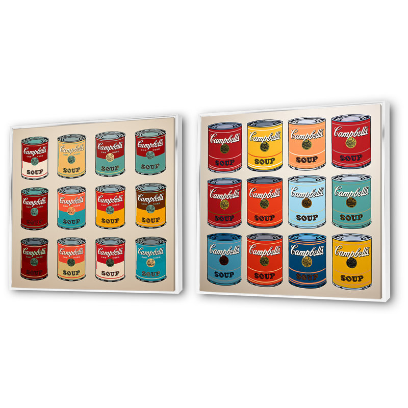 Pop Art Soup Collage I - Ensemble de 2 décorations murales, Cadre flottant blanc, H 16 po x l 33 po x P 1 po