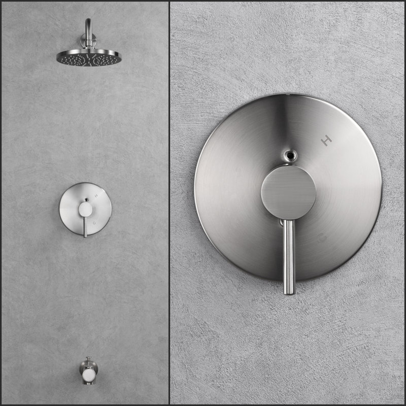 Kree Collection Shower System: 8" Round Shower Head, Single Handle Set, Tub Spout, & Rough-in Valve Included - Brushed Nickel