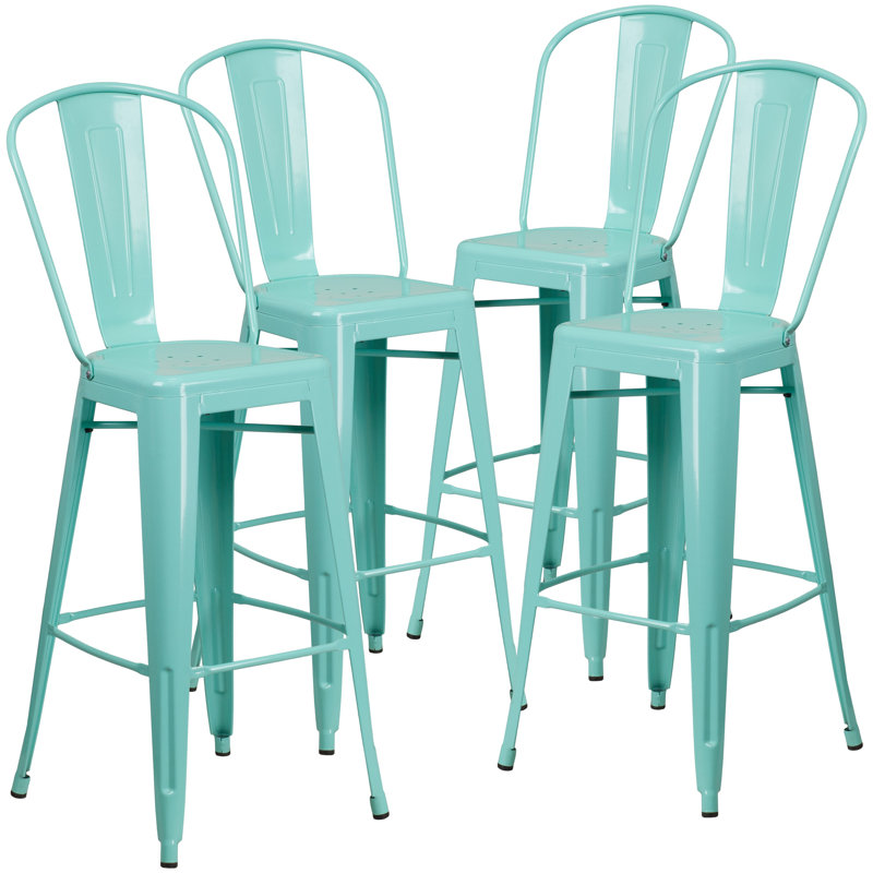 Angelean 24" High Distressed Metal Indoor-Outdoor Counter Height Stool - Back, Mint, Bar Stool (30" Seat Height)
