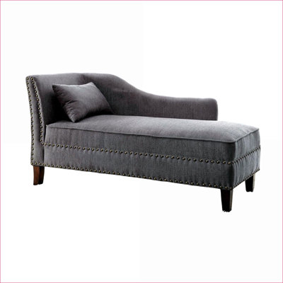 Slate Gray Plush Fabric Chaise Accent Seating with Nailhead Trim, Includes Pillow, for Adults, Living Room Furniture