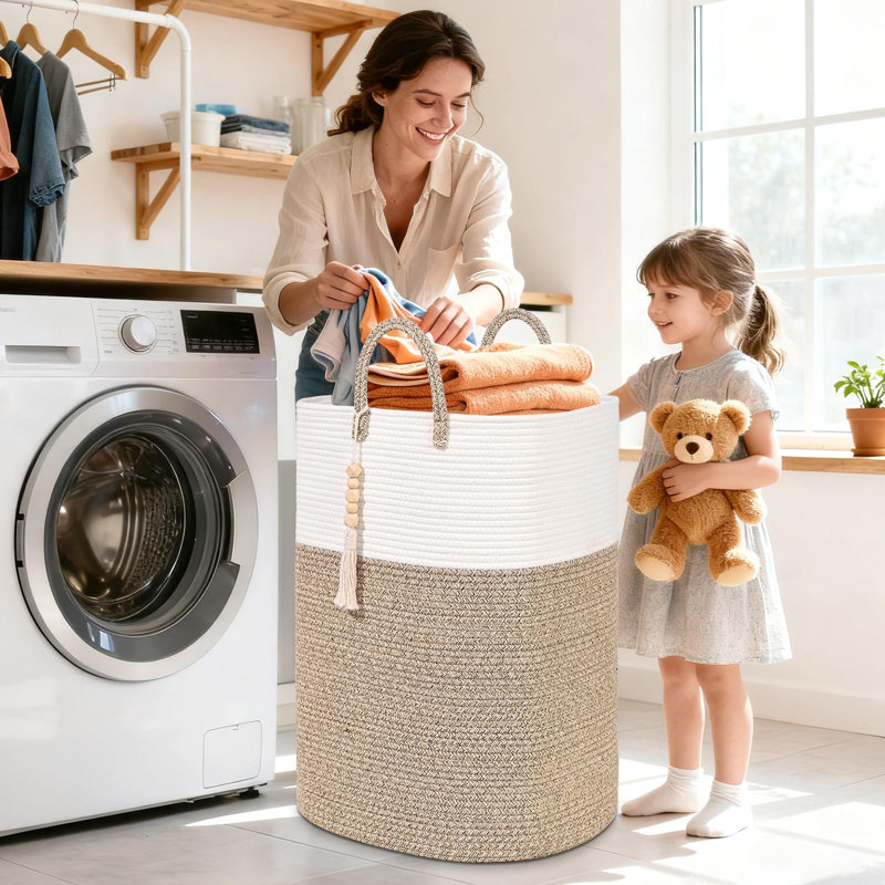 Panier à linge 65L pour vêtements, grands paniers à linge rectangulaires avec pampilles à perles, panier de rangement pour chambre de bébé