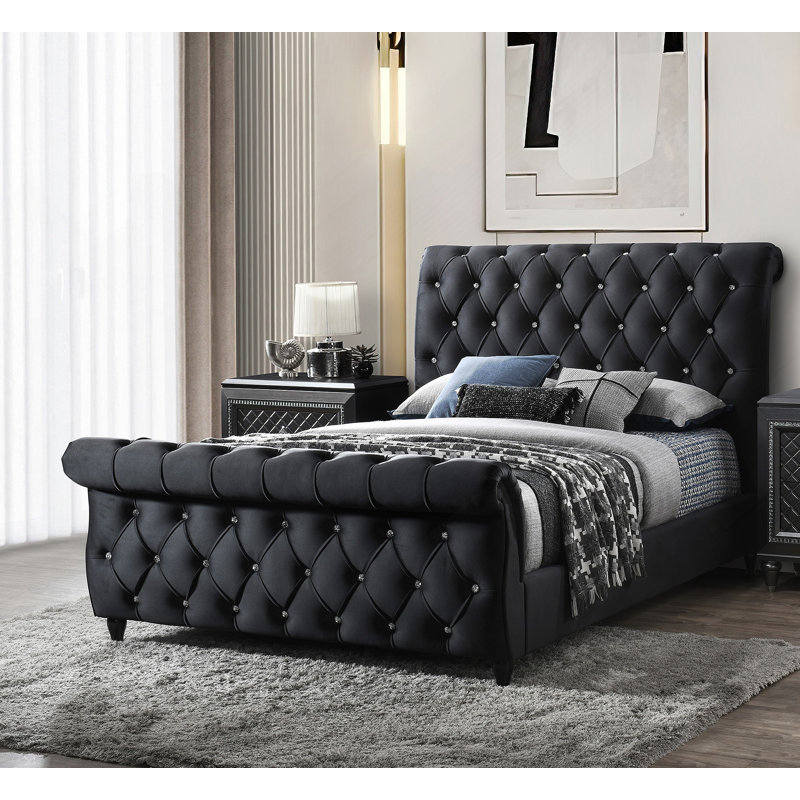 Exquisite Panel Bed with Deep Button Tufts and Diamond-stitched Pattern, Featuring Curve Headboard and Footboard for Bedroom Luxury