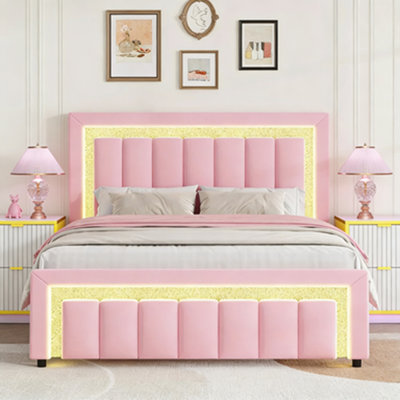 Ensemble de lit plateforme en velours capitonné à DEL avec velours moderne 2 pièces DEL - Suite de chambre à coucher lumineuse 3 pièces