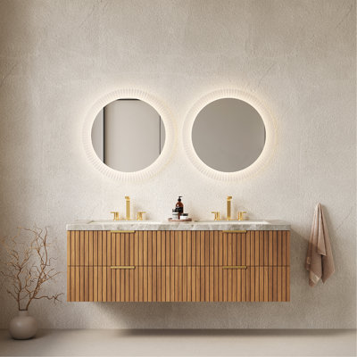 Meuble-lavabo de 60 po avec lavabo, armoire de rangement murale avec tiroirs, comptoir en pierre frittée et 2 lavabos avec 3 trous de robinet pré-percés