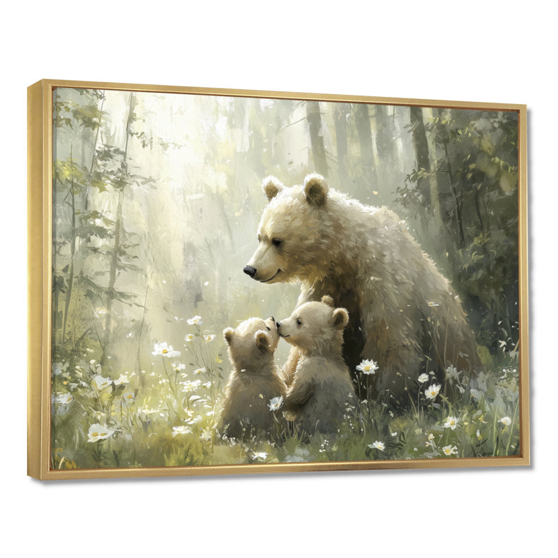 «Mother Bear with Cubs In Winter I», art mural ours, H 30 po x l 40 po, Cadre flottant, Doré
