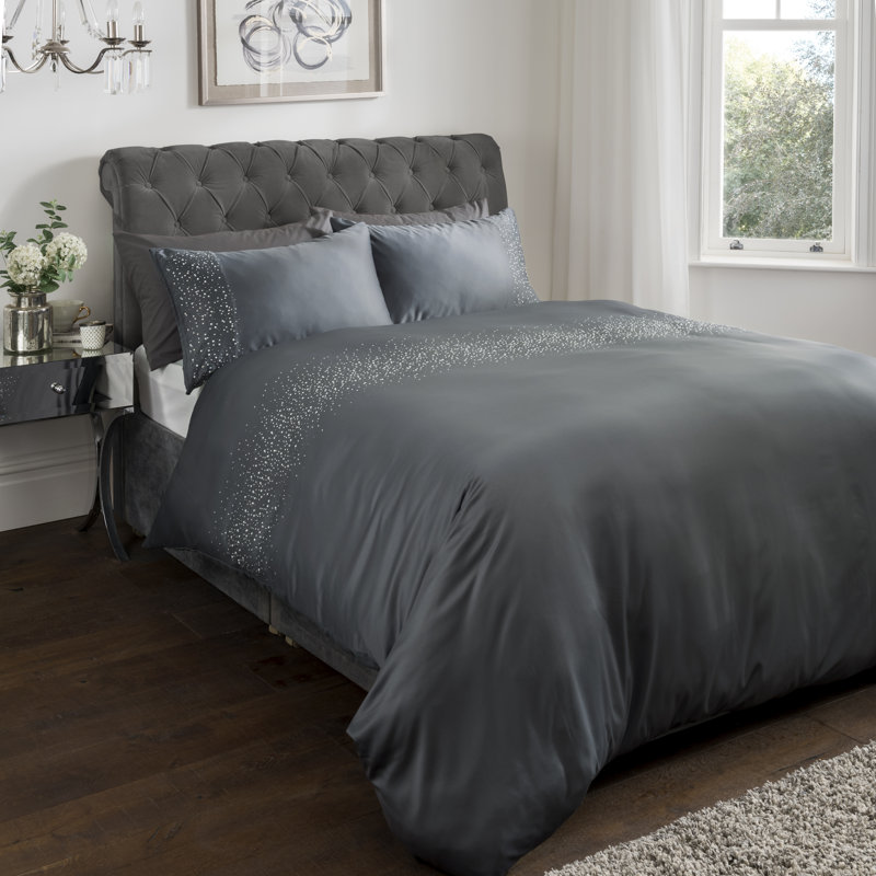 Absalon Polyester Solid Colour Duvet Cover Set with Pillowcases Included, Charcoal, Super King - 2 Standard Pillowcases