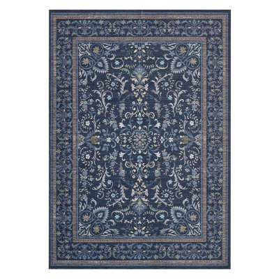 Washable Boho Floral Area Rug – Soft Low Pile, Non-Slip, Mark Resistant Carpet for Living Room, Bedroom, Playroom, Office – Large 10x13ft, Navy Blue, USA