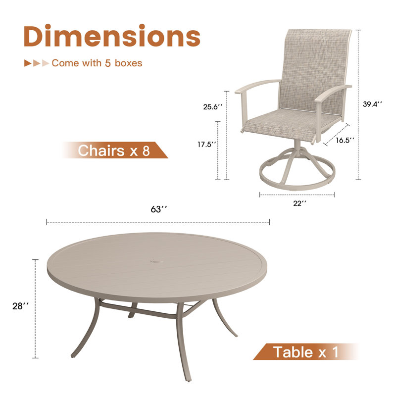 8-Person Round Patio Dining Set with 60" Round Dining Table and 8 Swivel PVC-coated polyester Chairs, Sandshell/Sandshell