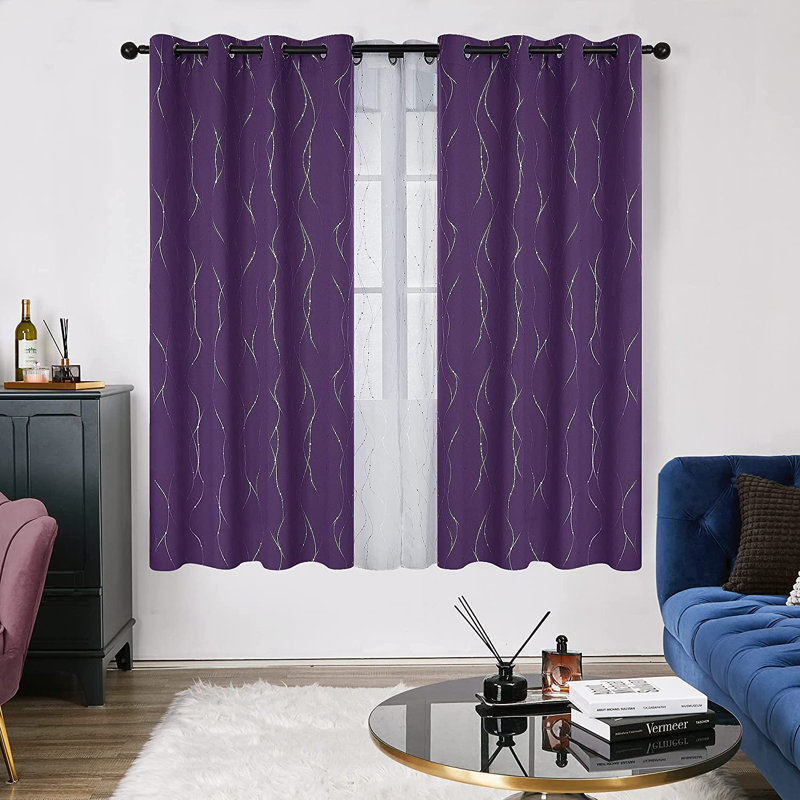 Senath Dotted Line Foil Printed Room Darkening Thermal Curtains, 140cm W x 229cm D, Purple Grape