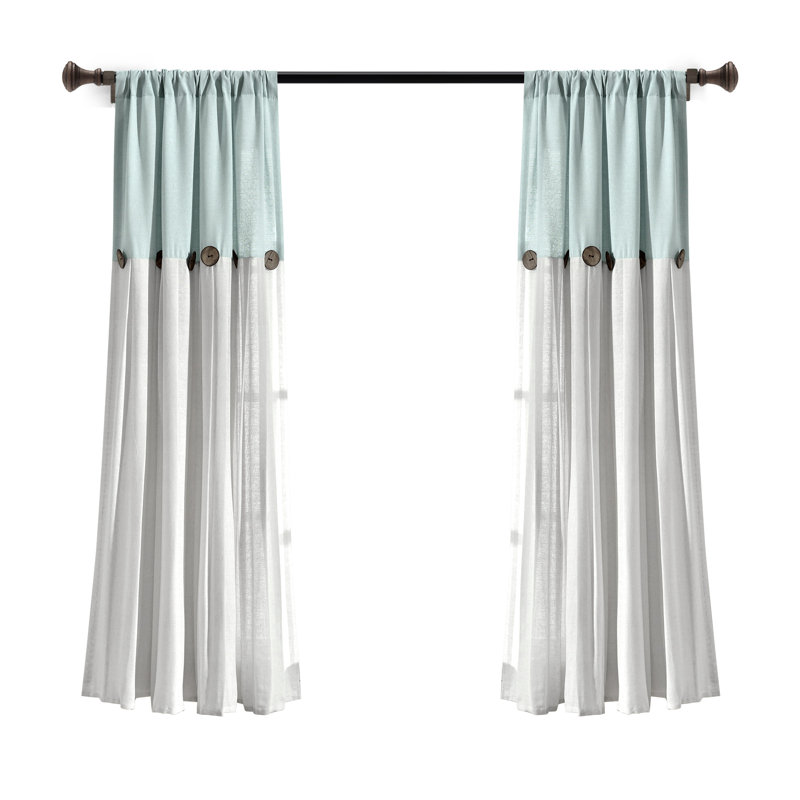 Panneaux de rideaux simples semi-diaphanes en coton mélangé avec passe-tringle, Bleu/blanc