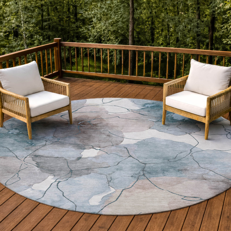 Tapis abstrait lavable à la machine intérieur / extérieur ACN2589, Sarcelle, Rond 8 pi