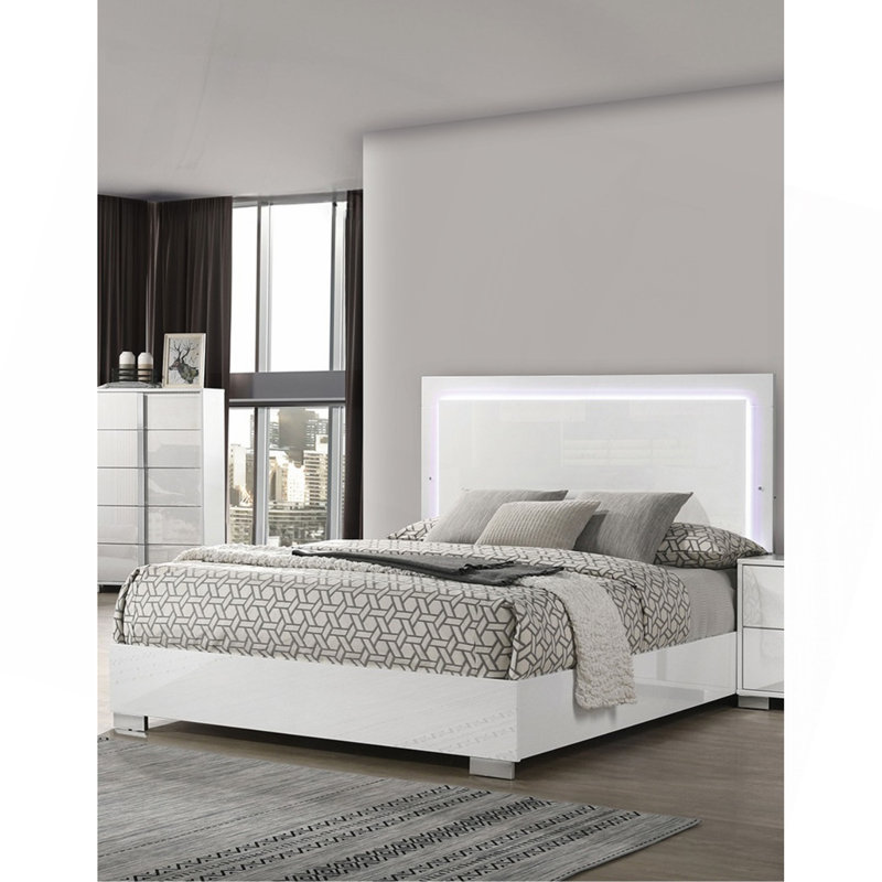 Mobilier de chambre contemporain avec lit à tête large et tête de lit à DEL avec finition UV 1pc, Grand lit, Blanc