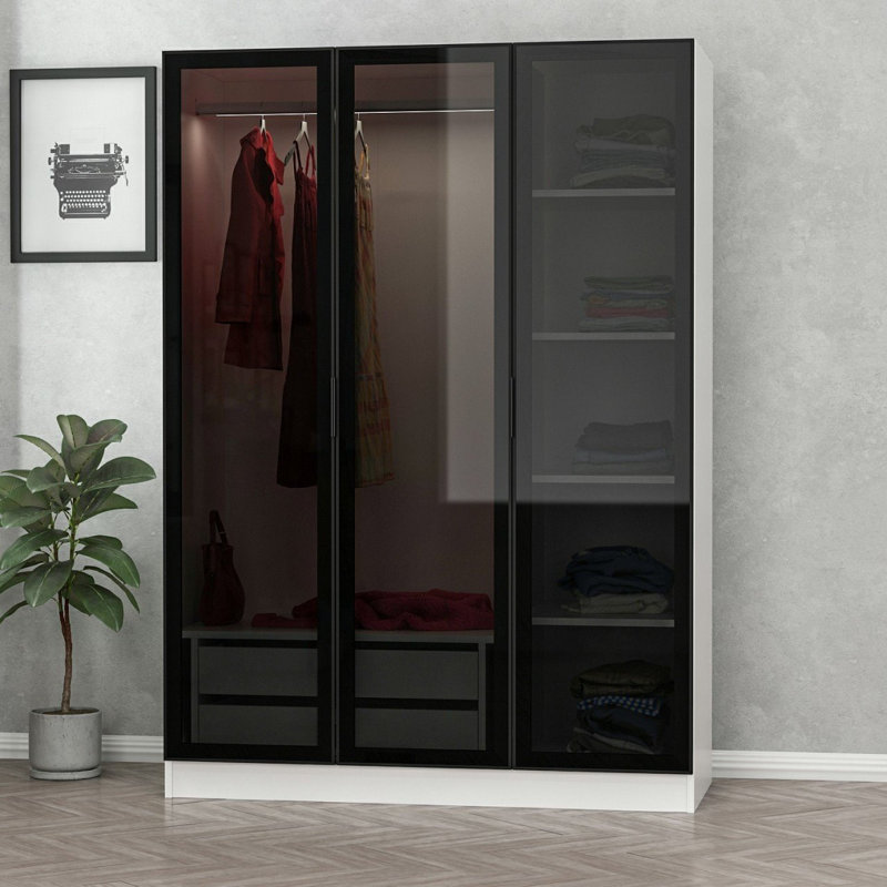 Armoire moderne avec panneau de particules enduit de mélamine à 100%, blanc et noir, 53,1 po x 74,8 po x 20,5 po | Conception durable et élégante, parfaite pour organiser les vêtements et les accessoires, idéale pour les chambres contemporaines